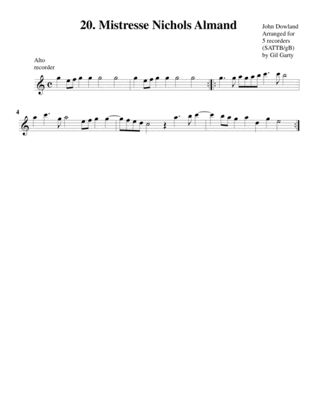 Mistresse Nichols Almand (20, 1604) (arrangement for 5 recorders)