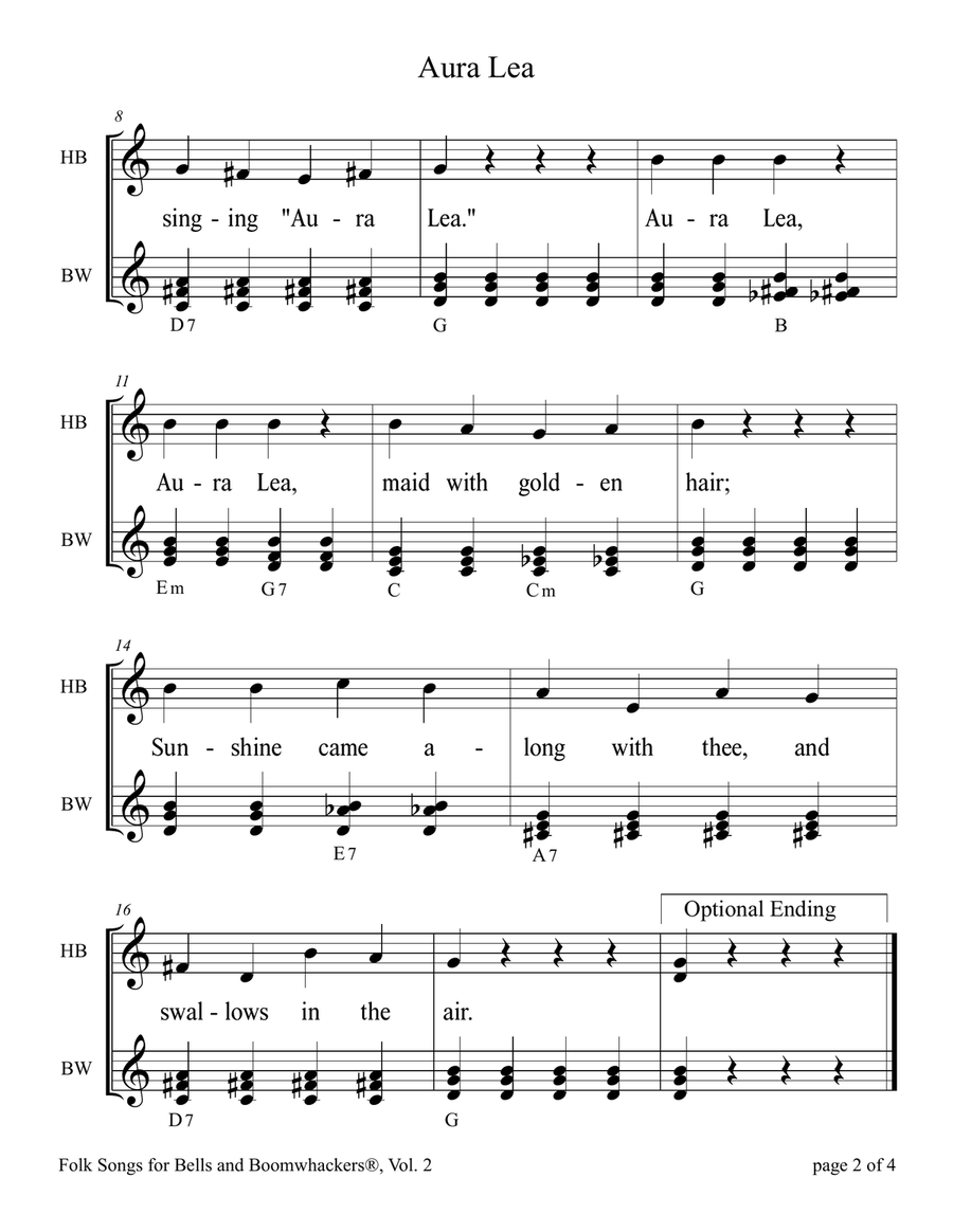 Aura Lea (for 13-note Bells and Boomwhackers with Black and White Notes) Handbell Choir scores gallery preview page 6