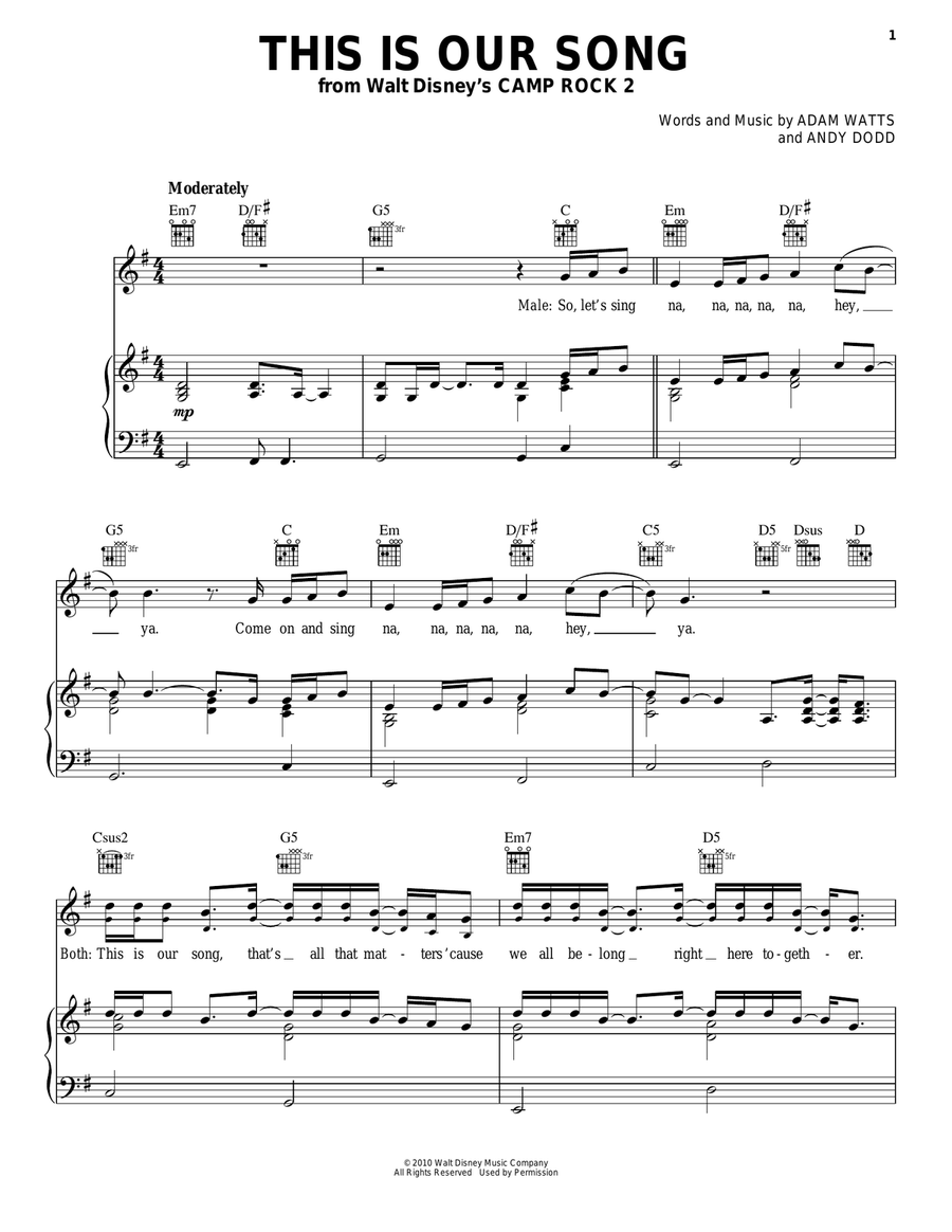 This Is Our Song (from Camp Rock 2) Piano, Vocal, Guitar scores gallery preview page 1