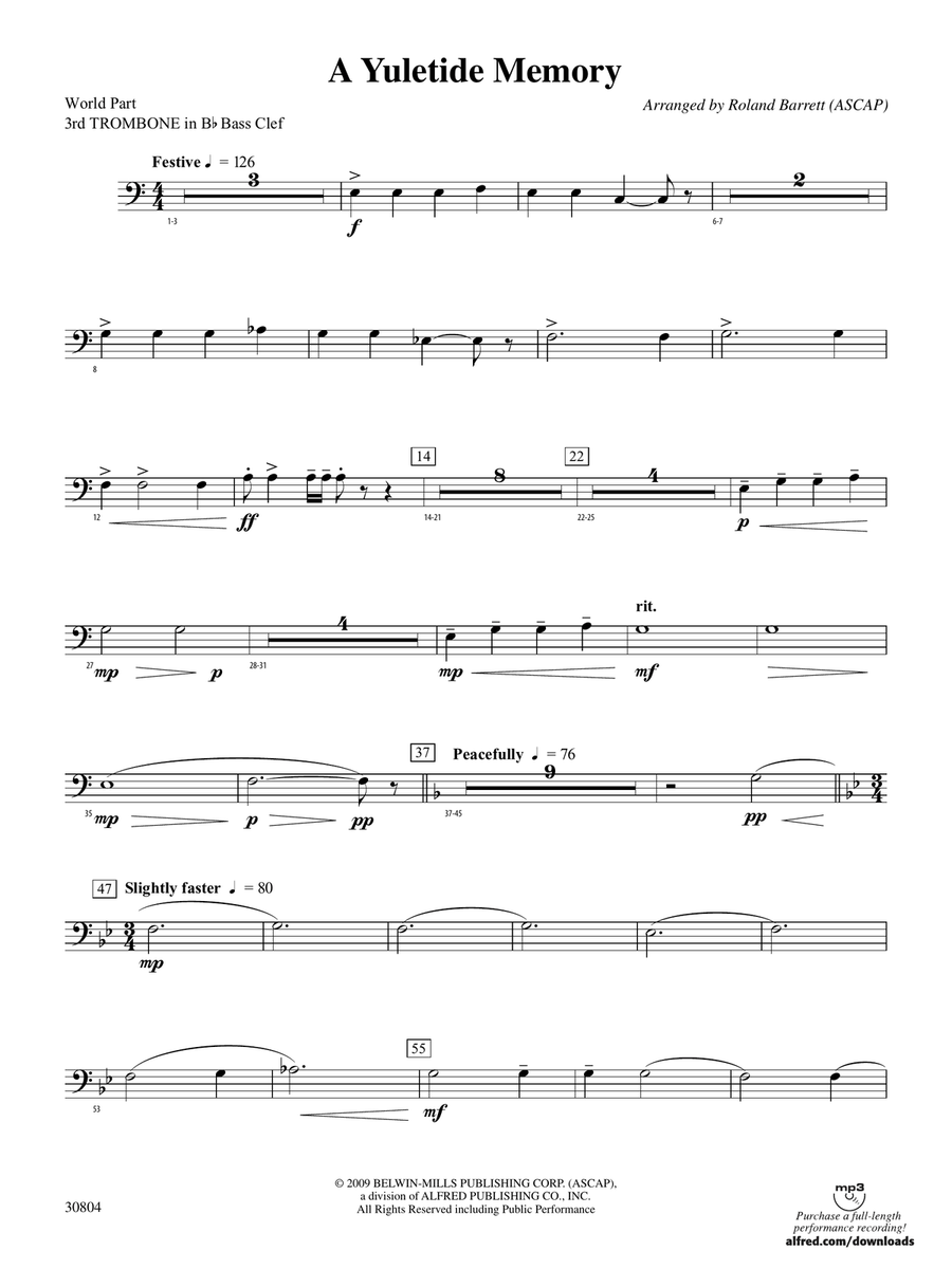 A Yuletide Memory: (World Part) 3rd B-flat Trombone B.C.
