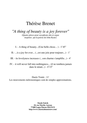Book cover for Thérèse Brenet : A Thing of Beauty Is A Joy Forever" for alto saxophone and organ
