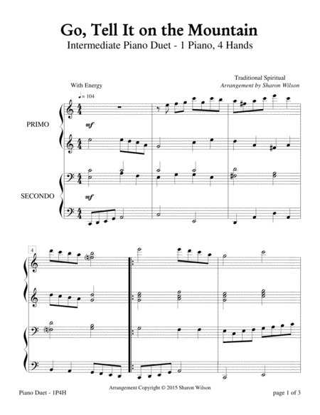 Go, Tell It on the Mountain (Intermediate Piano Duet - 1 Piano, 4 Hands) by Sharon Wilson 1 Piano, 4-Hands - Digital Sheet Music