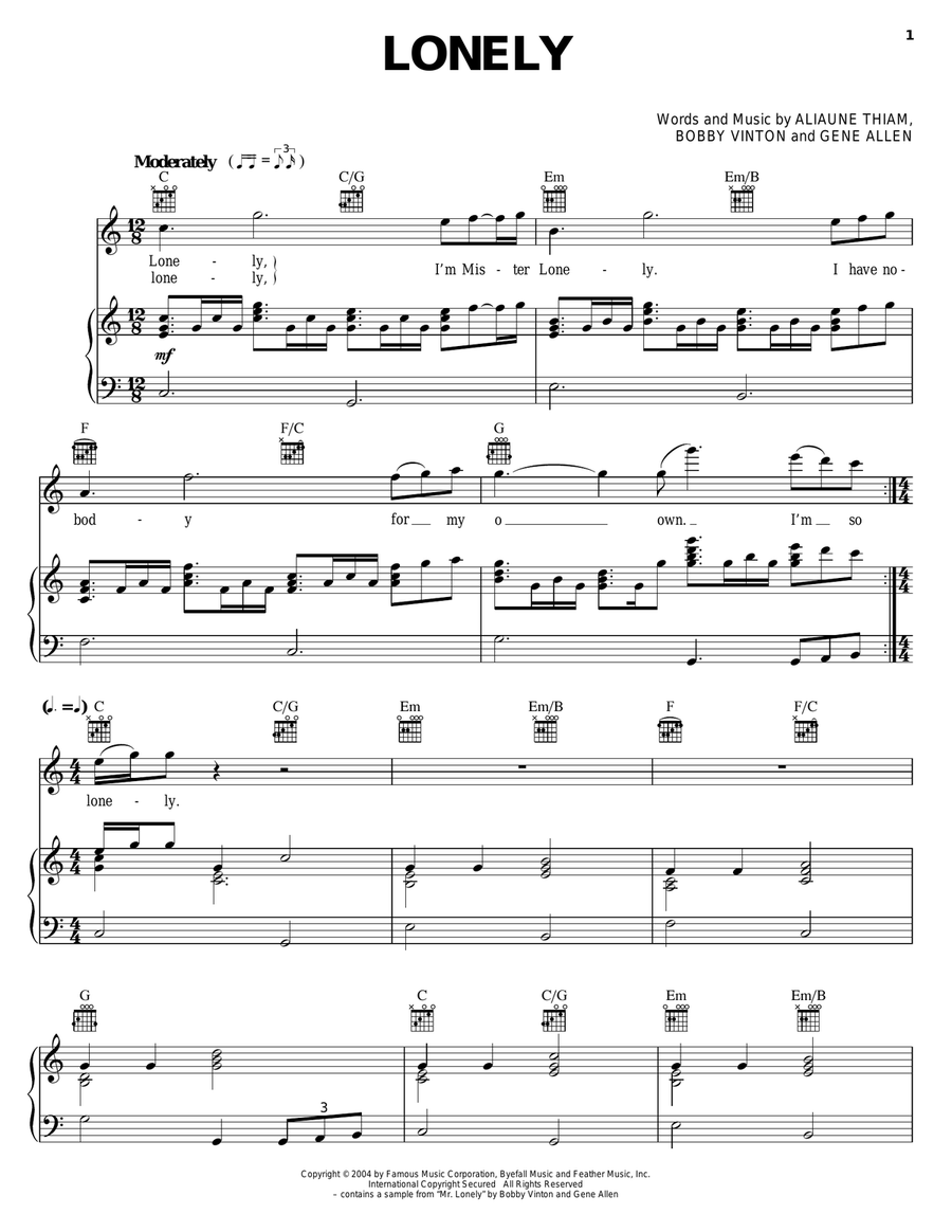 Lonely Lonely Piano, Vocal, Guitar scores gallery preview page 1