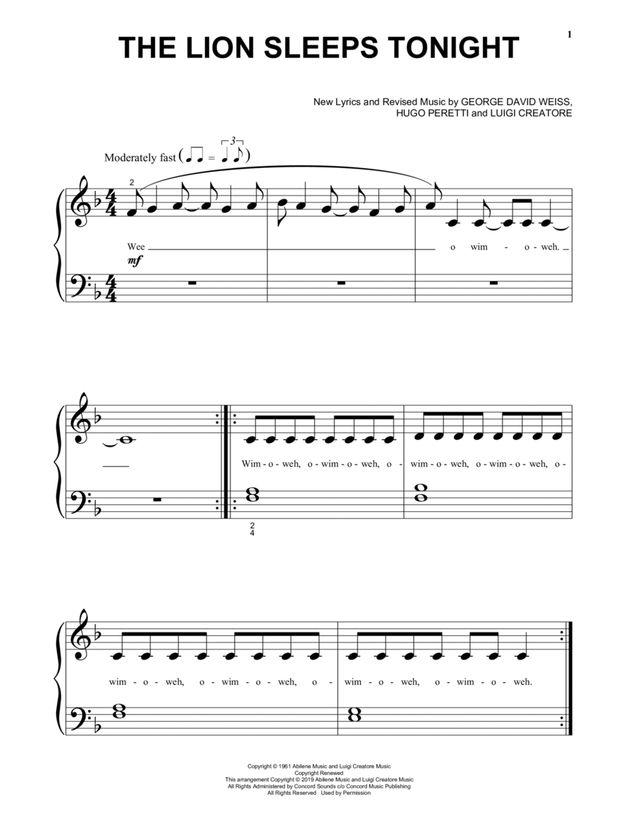 The Lion Sleeps Tonight (from The Lion King 2019) Piano Solo scores gallery preview page 1