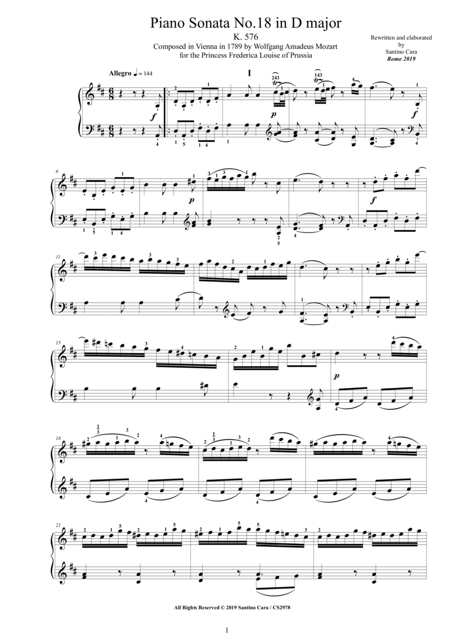 Mozart - Piano Sonata No.18 in D major K 576 - Complete score
