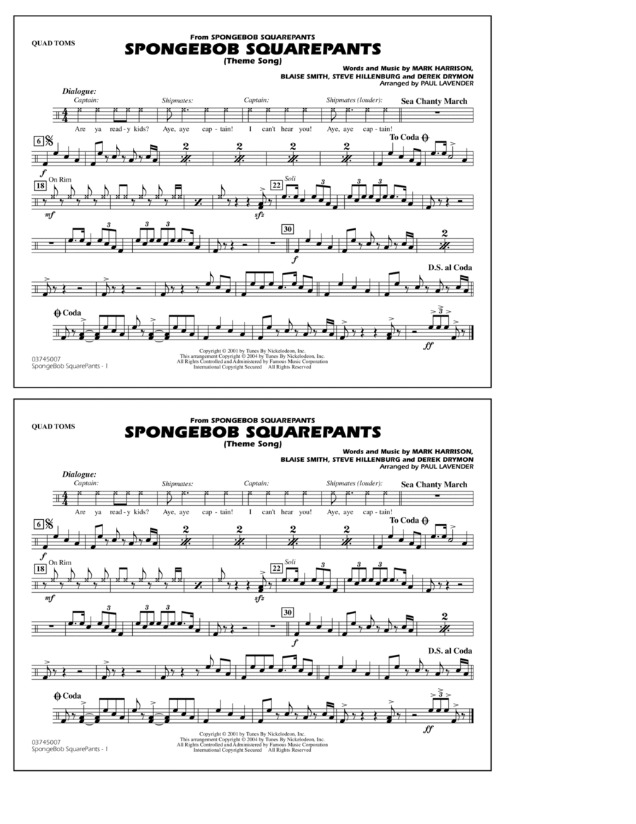 Spongebob Squarepants (Theme Song) (arr. Paul Lavender) - Quad Toms Marching Band scores gallery preview page 1