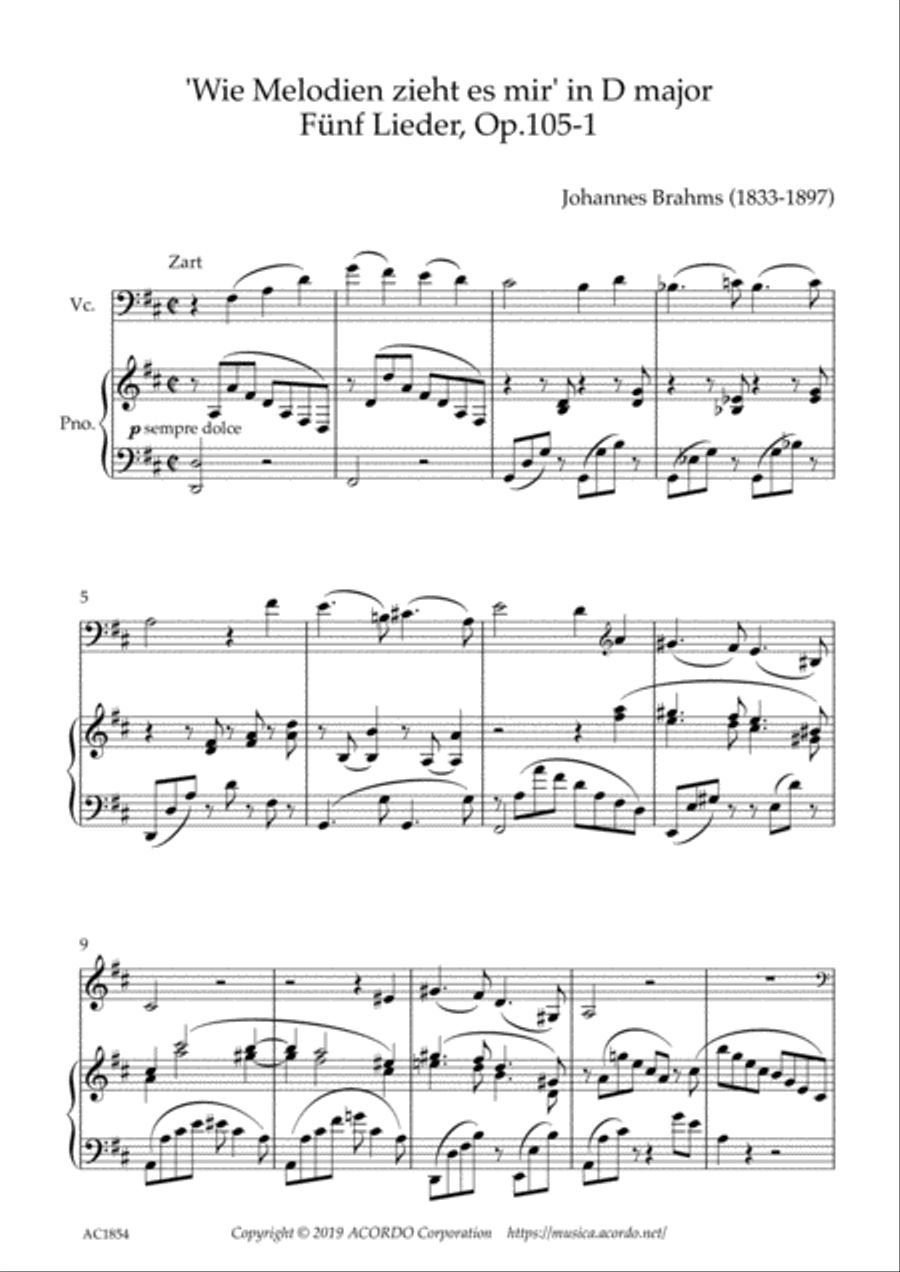 ‘Wie Melodien zieht es mir (It moves like a melody)' Op.105-1 in D Major for Violoncello & Piano image number null