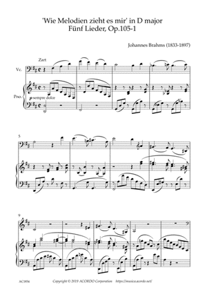 ‘Wie Melodien zieht es mir (It moves like a melody)' Op.105-1 in D Major for Violoncello & Piano