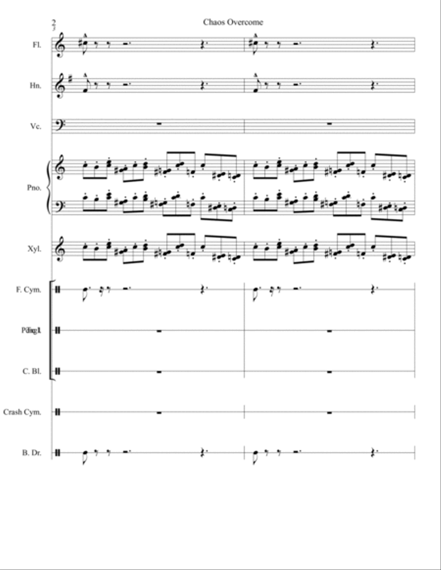 Chaos Overcome for Mixed Ensemble (Flute, French Horn, Cello, Piano, Xylophone, and assorted Percuss Small Ensemble scores gallery preview page 2