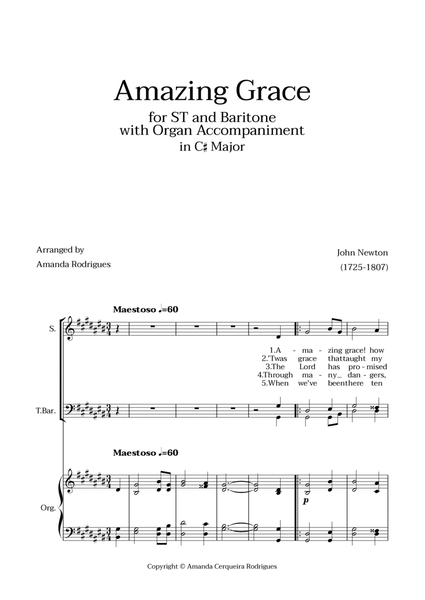Amazing Grace in C# Major - Soprano, Tenor and Baritone with Organ Accompaniment image number null