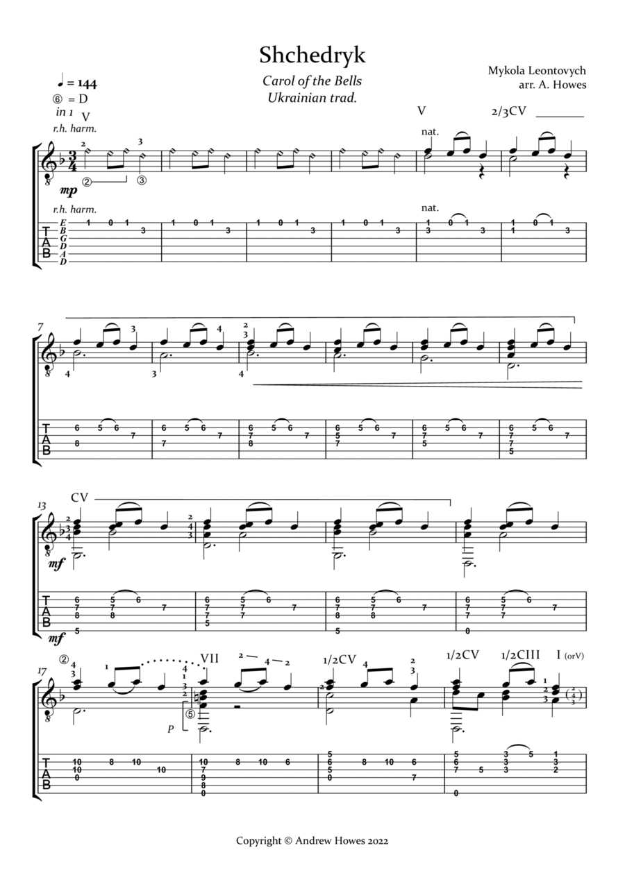 Carol of The Bells / Shchedryk with Tab. Classical Guitar scores gallery preview page 1