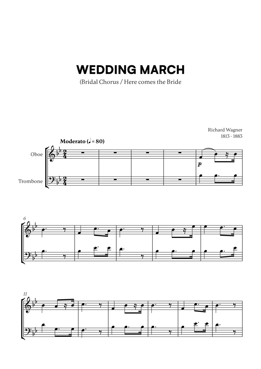 Richard Wagner - Wedding March (Here comes the Bride) (for Oboe and Trombone) Oboe scores gallery preview page 1