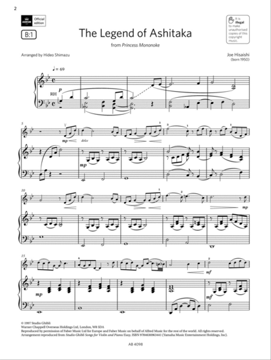 The Legend of Ashitaka (Grade 4, B1, from the ABRSM Violin Syllabus from 2024) Violin Solo scores gallery preview page 2