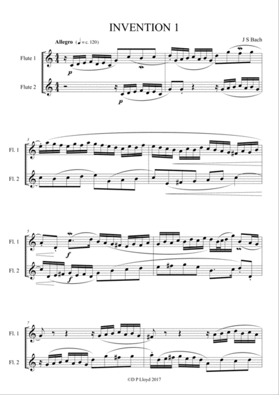Flute duets - 5 J S Bach keyboard inventions arranged for 2 flutes. Flute Duet scores gallery preview page 3