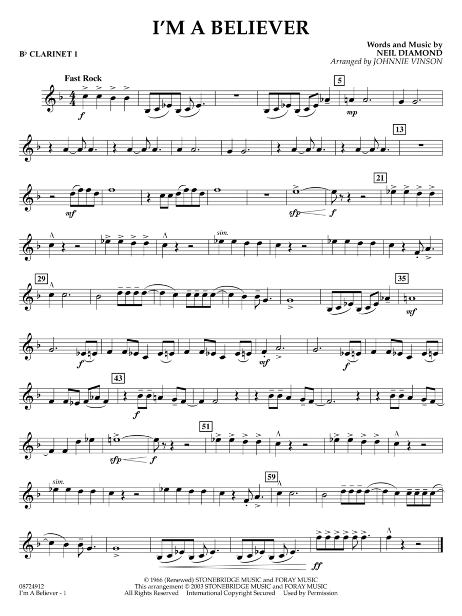 I'm a Believer (arr. Johnnie Vinson) - Bb Clarinet 1 Concert Band scores gallery preview page 1