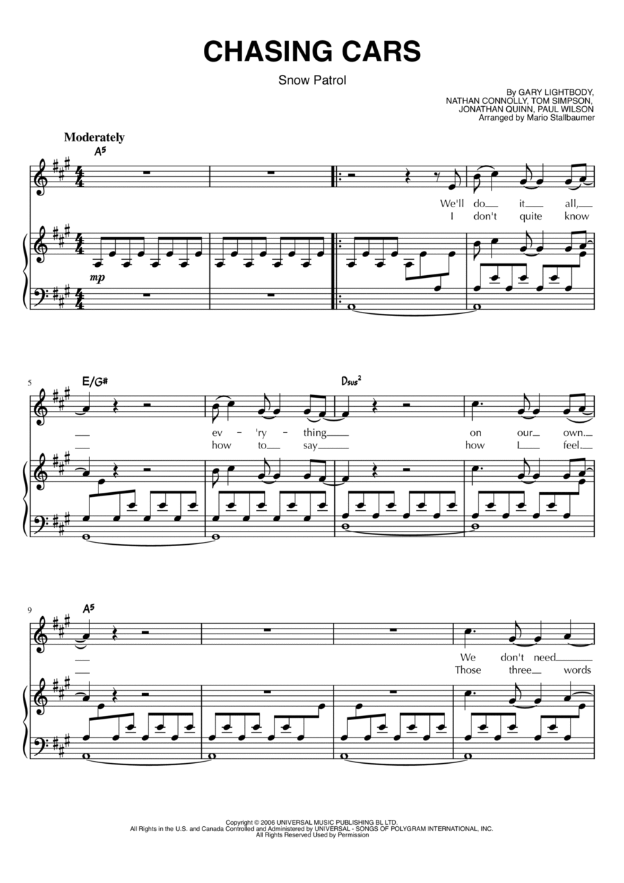 Chasing Cars Piano, Vocal, Guitar scores gallery preview page 1