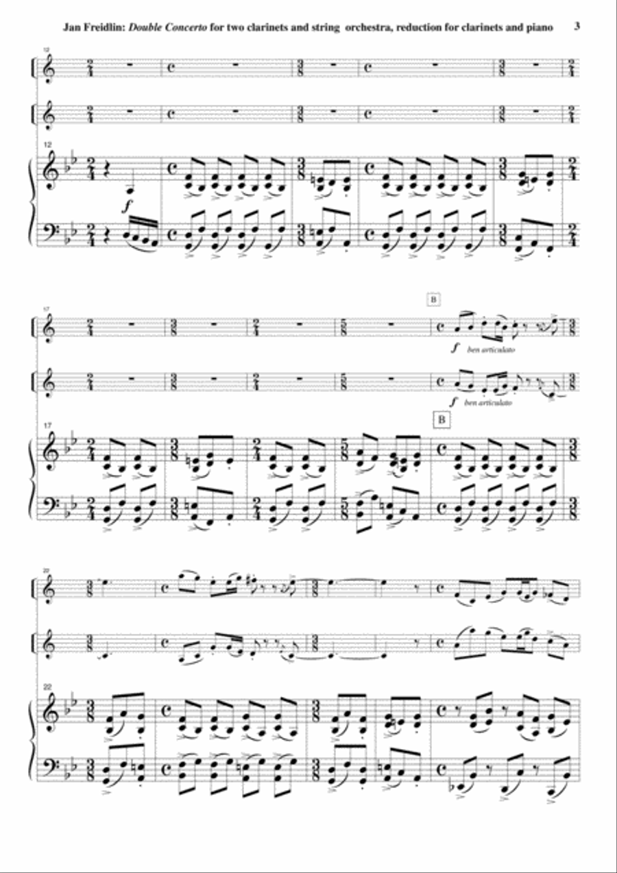 Jan Freidlin: Double Concerto for two Bb clarinets and string orchestra, piano reduction and solo pa B-Flat Clarinet scores gallery preview page 3