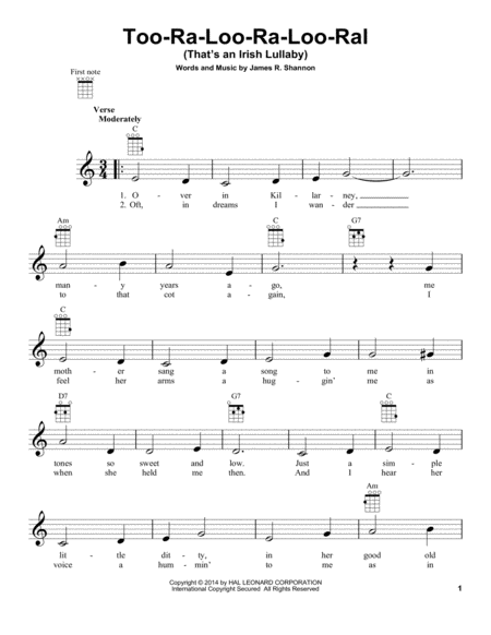 Too-Ra-Loo-Ra-Loo-Ral (That's An Irish Lullaby) Ukulele - Digital Sheet Music