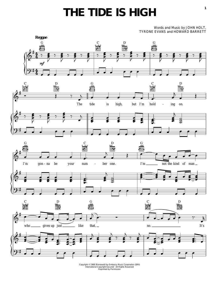 The Tide Is High Piano, Vocal, Guitar scores gallery preview page 1
