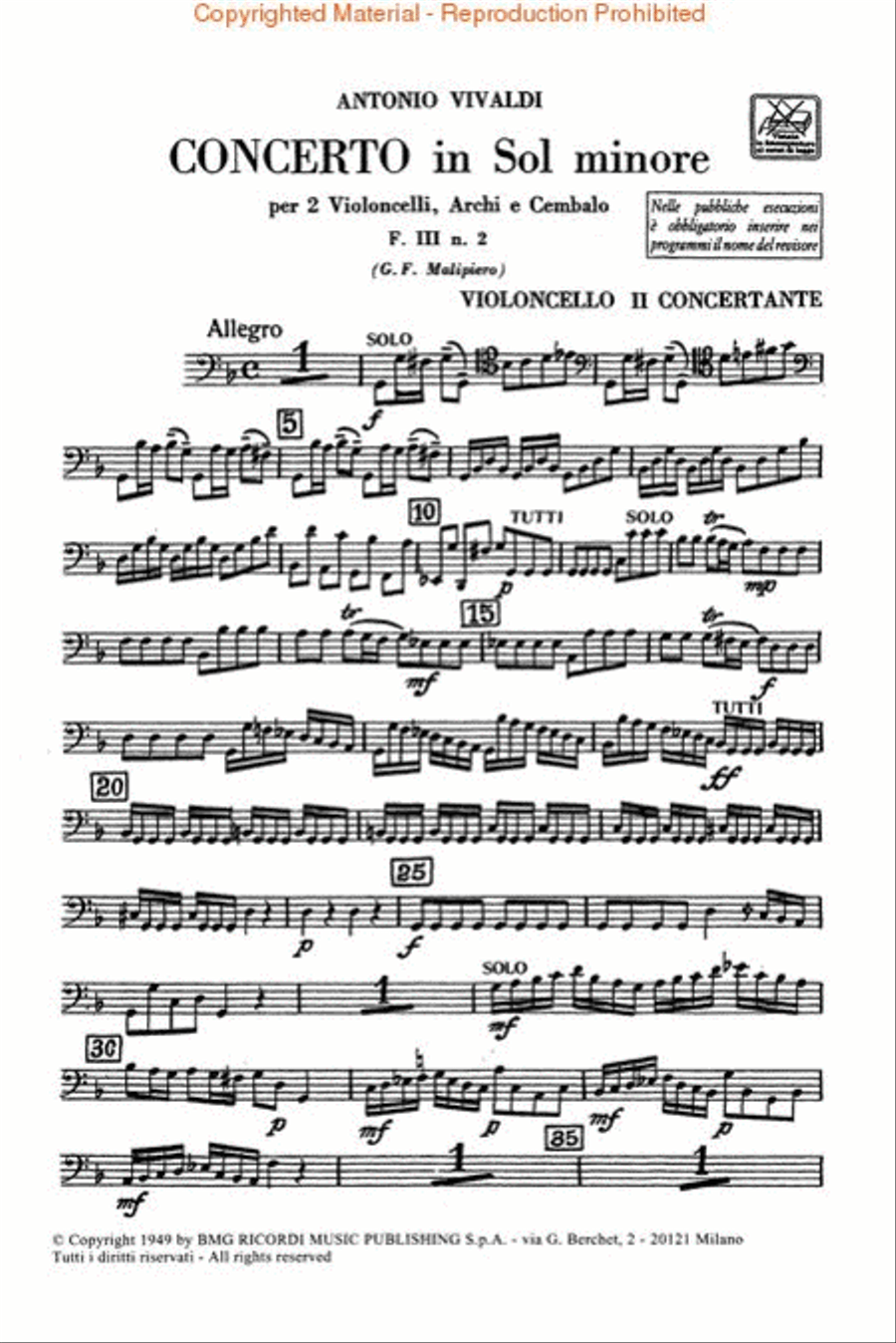 Concerto in G Minor for 2 Violoncellos Strings and Basso Continuo RV531 Orchestra scores gallery preview page 3