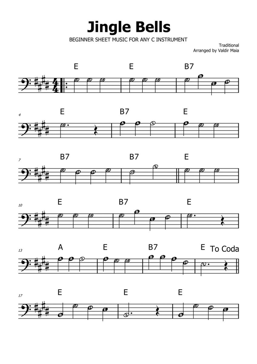 Jingle Bells - E Major (with note names)