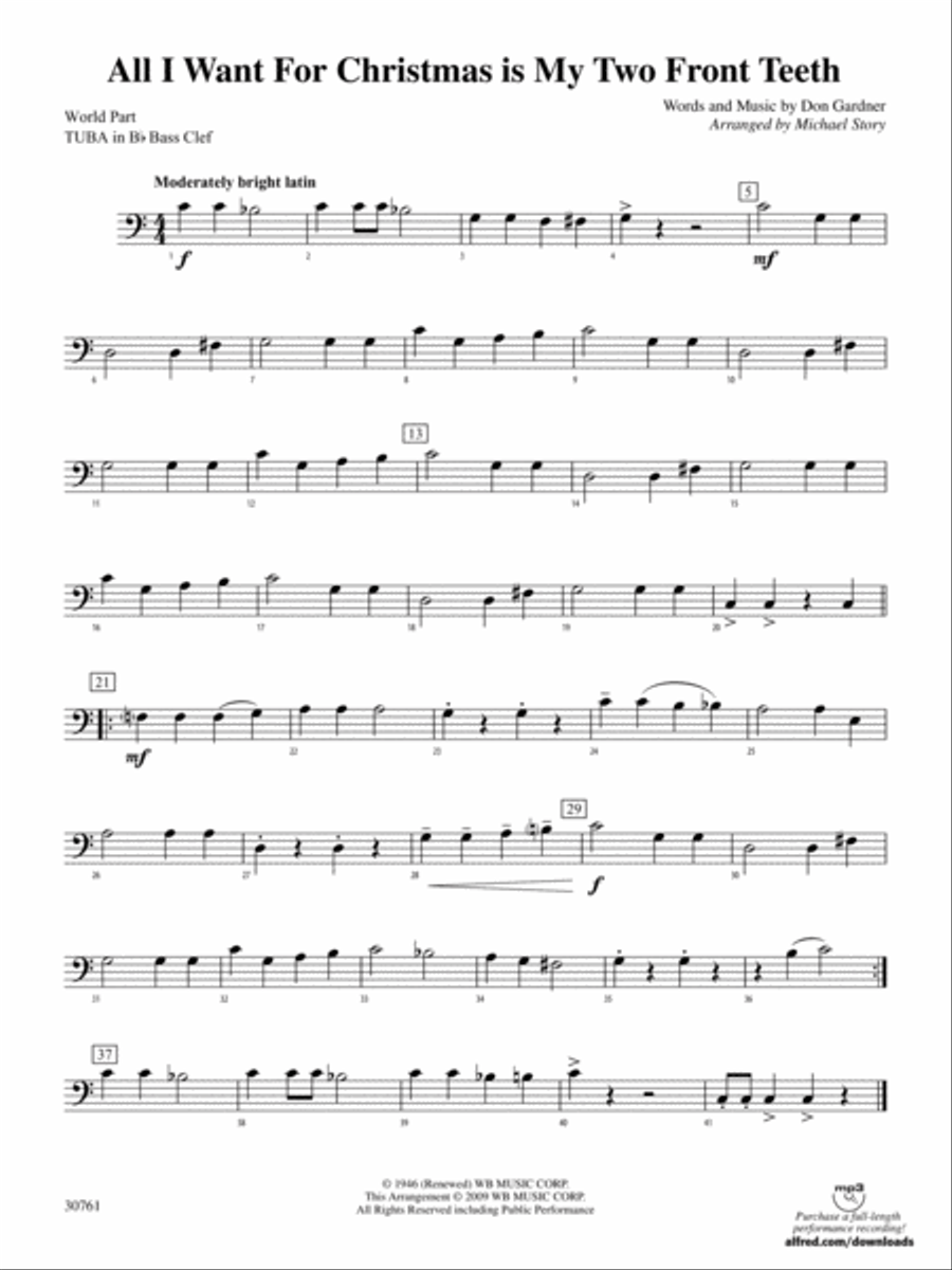 All I Want for Christmas Is My Two Front Teeth: (World Part) B-flat Tuba B.C. Concert Band scores gallery preview page 1