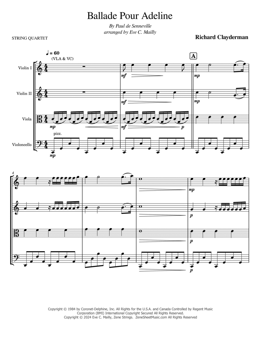 Ballade Pour Adeline String Quartet scores gallery preview page 1