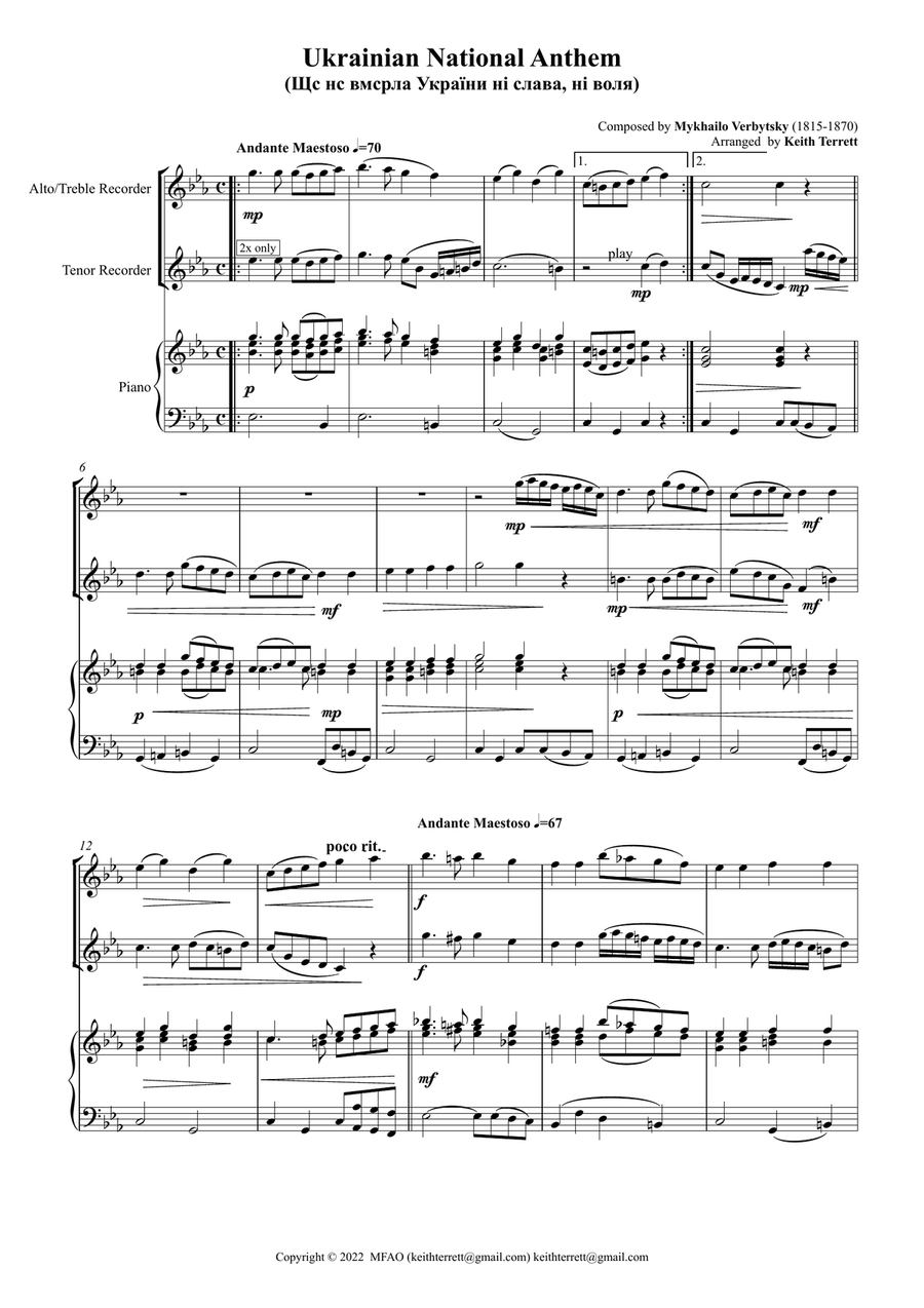 Ukrainian National Anthem for Alto, Tenor Recorder & Piano MFAO World National Anthem Series Woodwind Duet scores gallery preview page 2