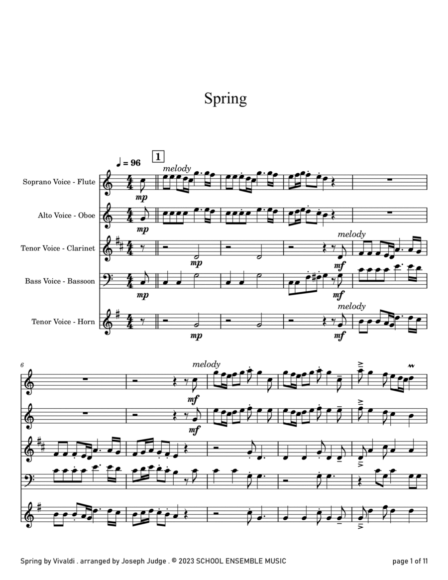 Spring by Vivaldi for Woodwind Quartet in Schools Woodwind Quartet scores gallery preview page 1