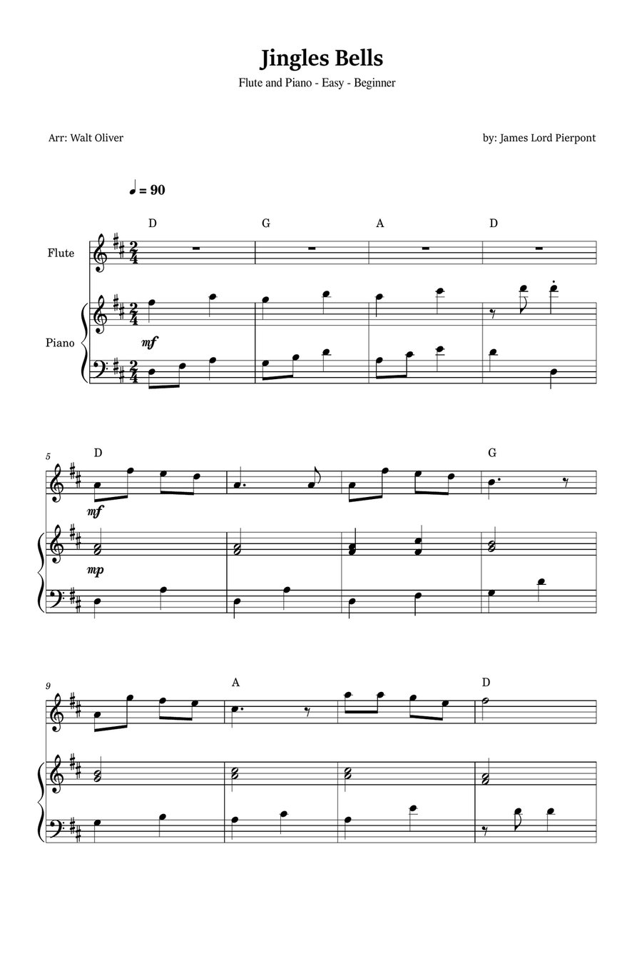 Jingle Bells for Flute and Piano ( Easy - Beginner) Flute scores gallery preview page 1
