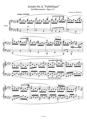 Beethoven - Piano Sonata No. 8, “Pathétique”, 2nd Mov Op.13 - Original With Fingered For Piano Solo