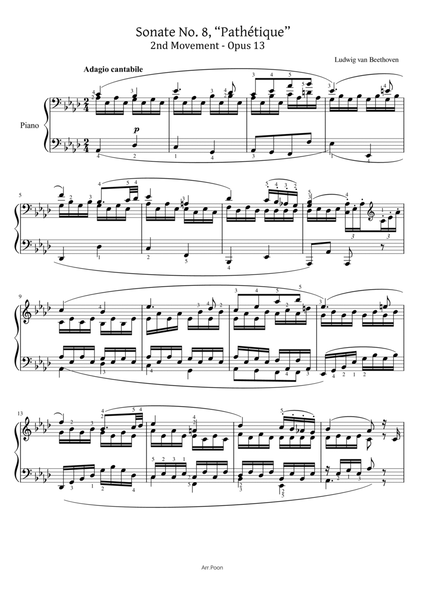 Beethoven - Piano Sonata No. 8, “Pathétique”, 2nd Mov Op.13 - Original With Fingered For Piano Solo image number null