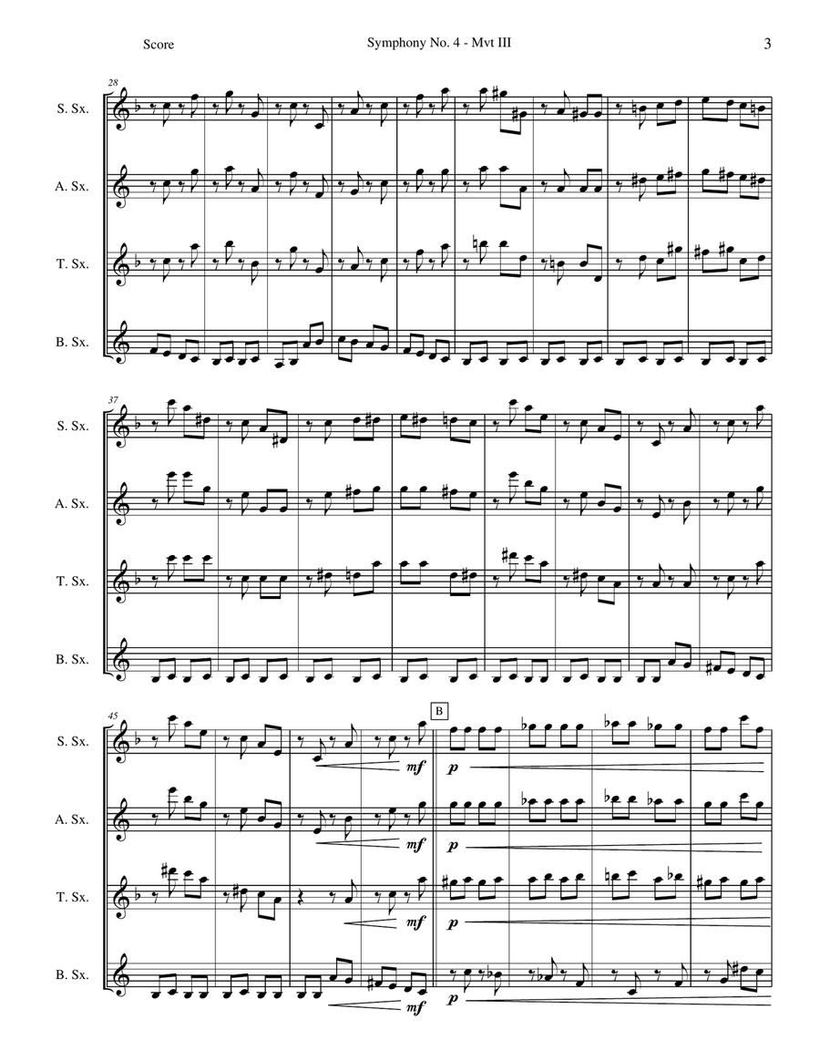 Scherzo (Mvt III) from Symphony No. 4 Saxophone Quartet scores gallery preview page 3