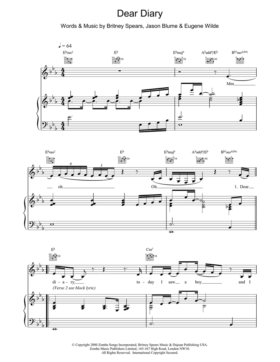 Dear Diary Piano, Vocal, Guitar scores gallery preview page 1