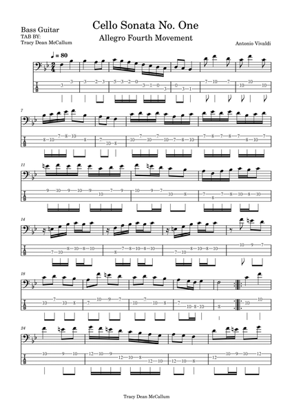 Antonio Vivaldi Cello Sonata No. One Allegro Movement Four Bass Guitar Tab image number null