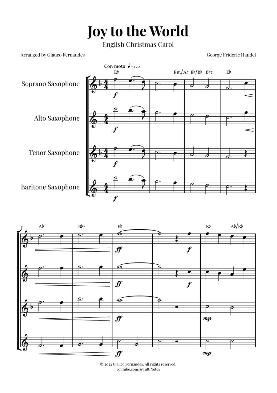 Joy to the World | STUNNING Arrangement Saxophone Quartet scores gallery preview page 1
