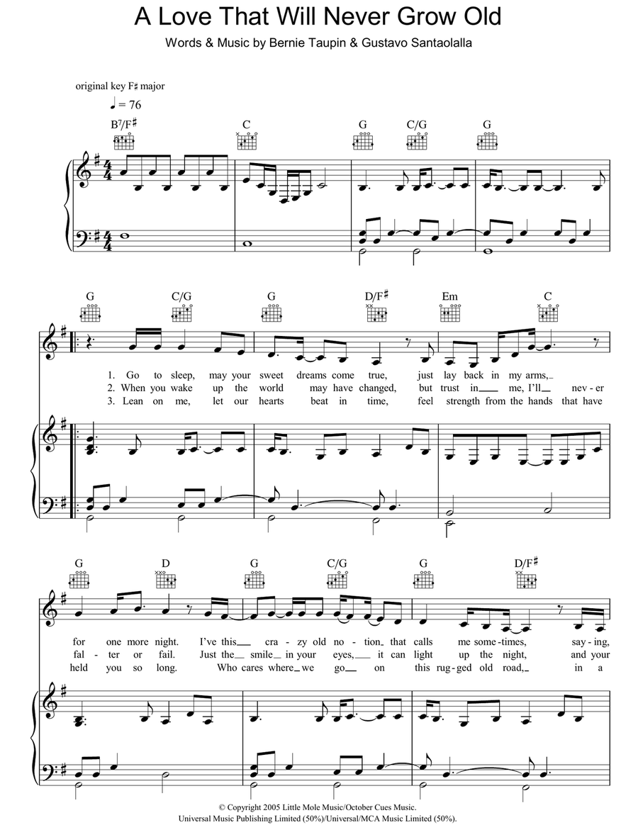 A Love That Will Never Grow Old Piano, Vocal, Guitar scores gallery preview page 1