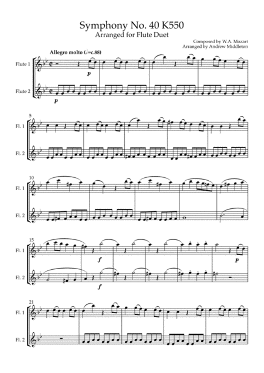 Symphony No. 40 arranged for Flute Duet Flute Duet scores gallery preview page 3
