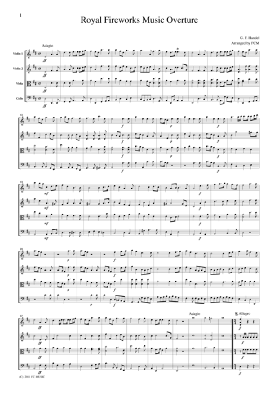 Handel Royal Fireworks Music Overture, for string quartet, CH111 String Quartet scores gallery preview page 1