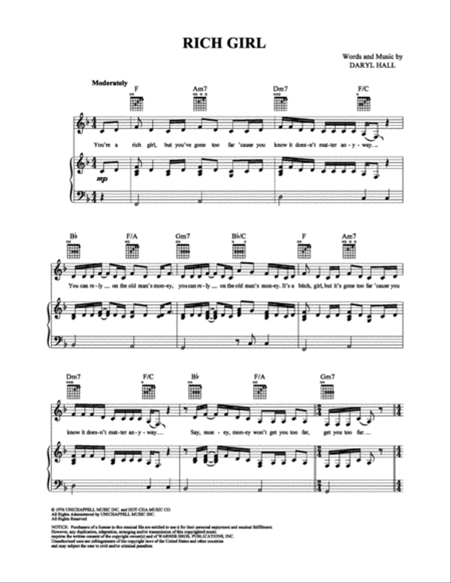 Rich Girl Piano, Vocal, Guitar scores gallery preview page 1