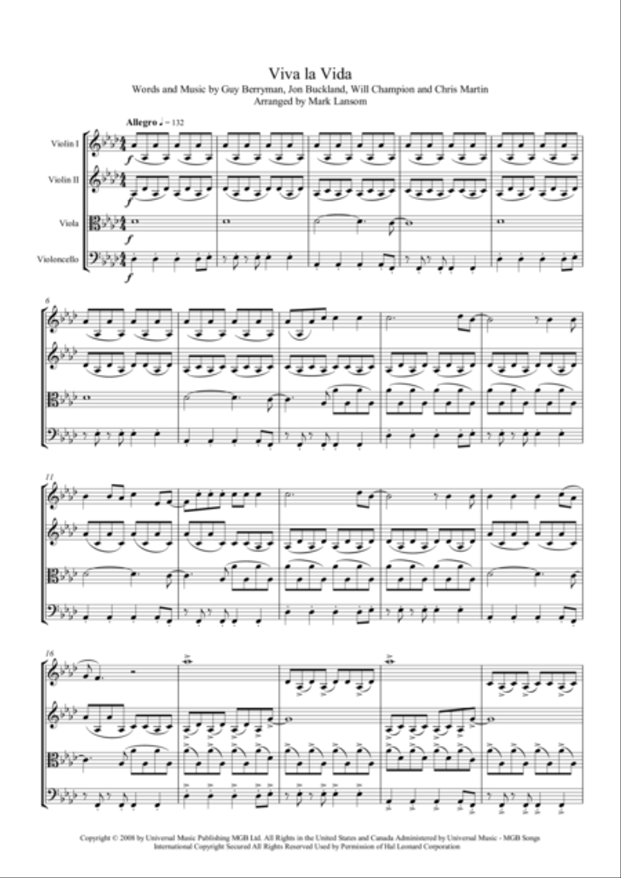 Viva La Vida String Quartet scores gallery preview page 1