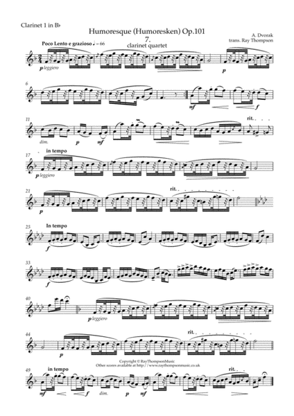 Dvorak: Humoresques Op.101 No.7 - clarinet quartet (3 Bbs and bass) image number null
