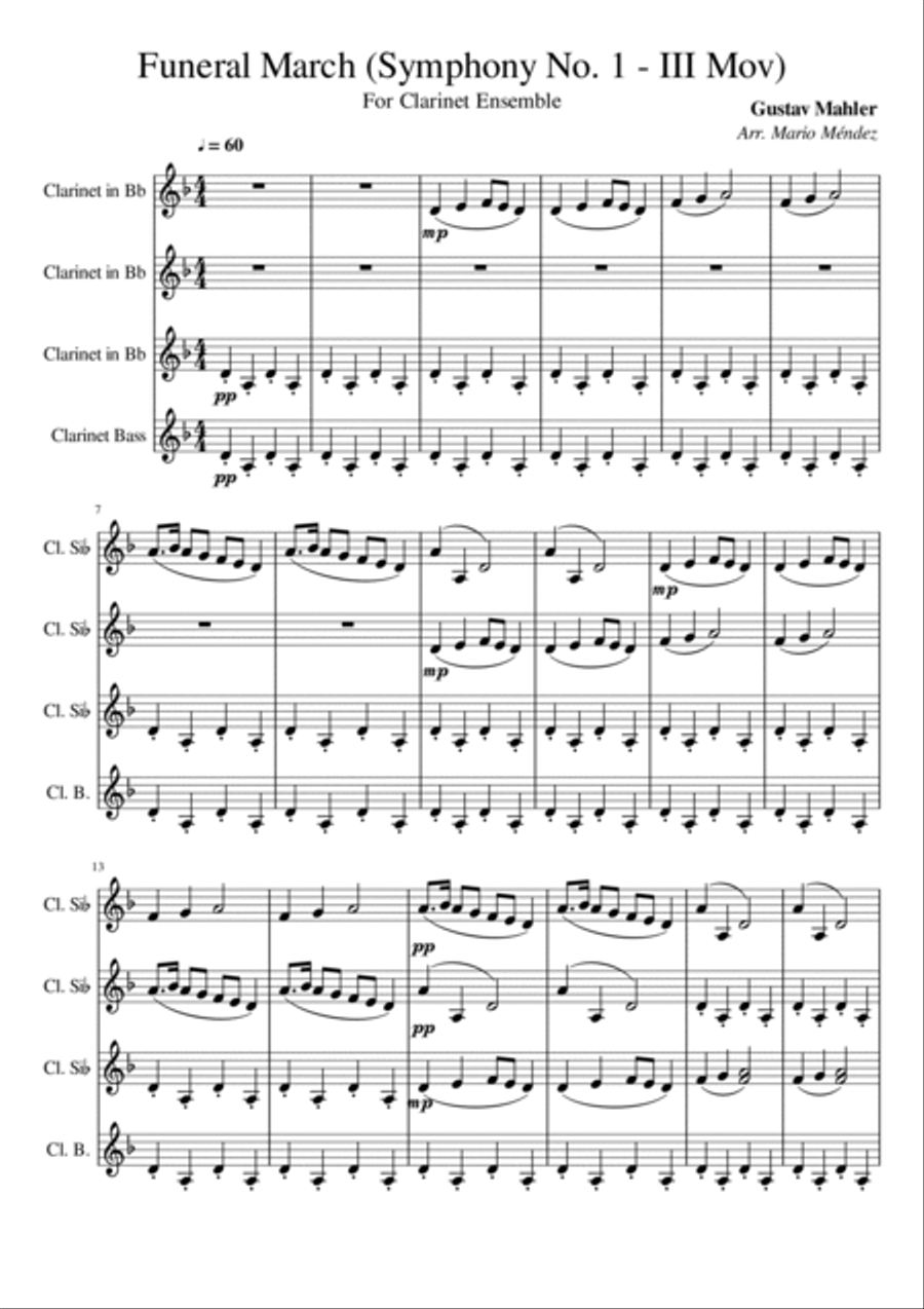 Gustav Mahler Funeral March (from Symphony No. 1) for Clarinet Ensemble Woodwind Quintet scores gallery preview page 2