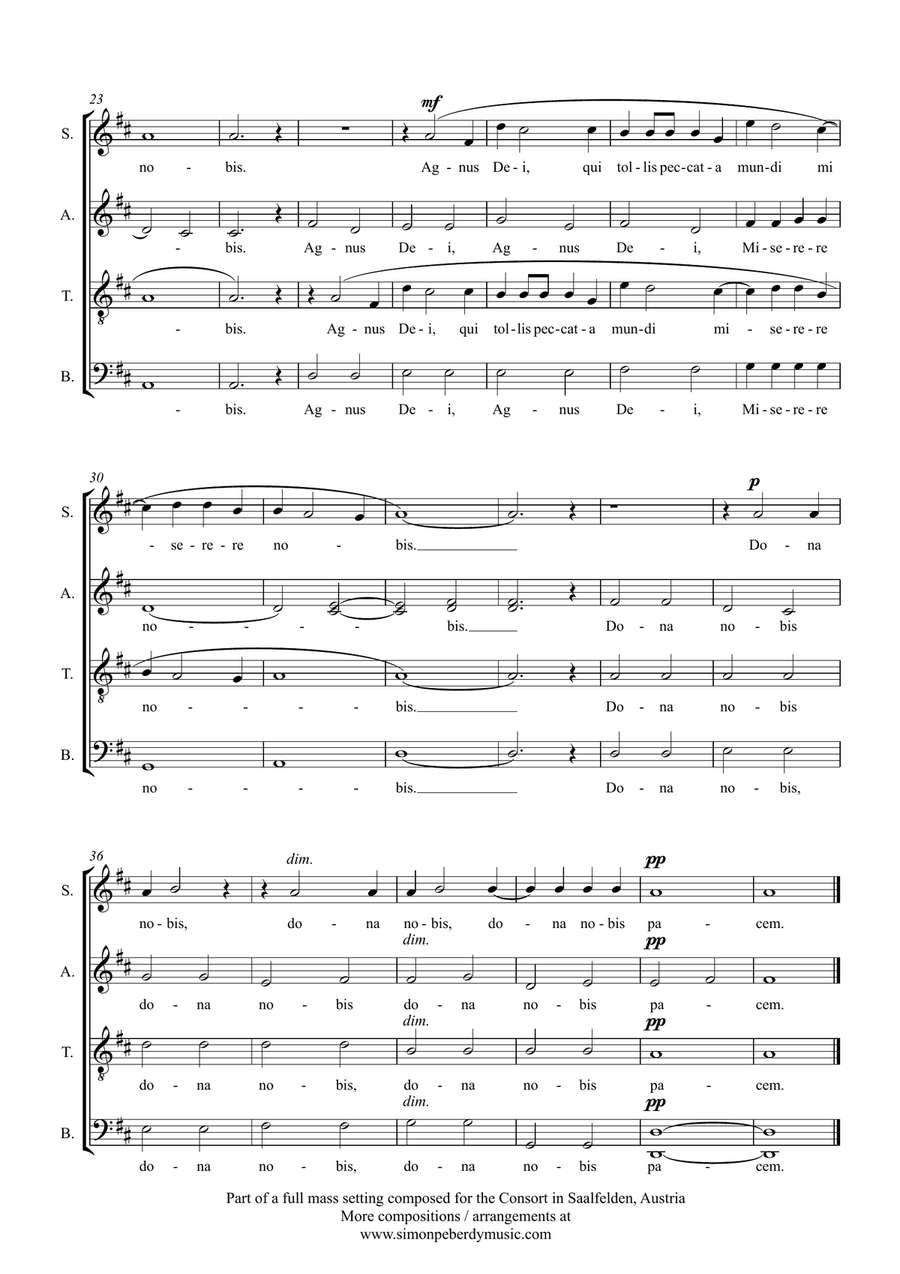 Agnus Dei (in Latin) for SATB choir by Simon Peberdy 4-Part scores gallery preview page 2