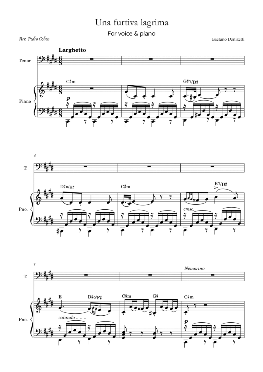 Una Furtiva Lagrima (Tenor in C#m) Piano, Vocal, Guitar scores gallery preview page 1