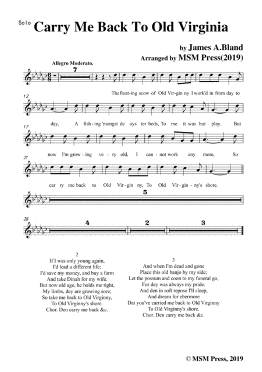 James A. Bland-Carry Me Back To Old Virginny,in G flat Major,for Voice &Pno Voice scores gallery preview page 6