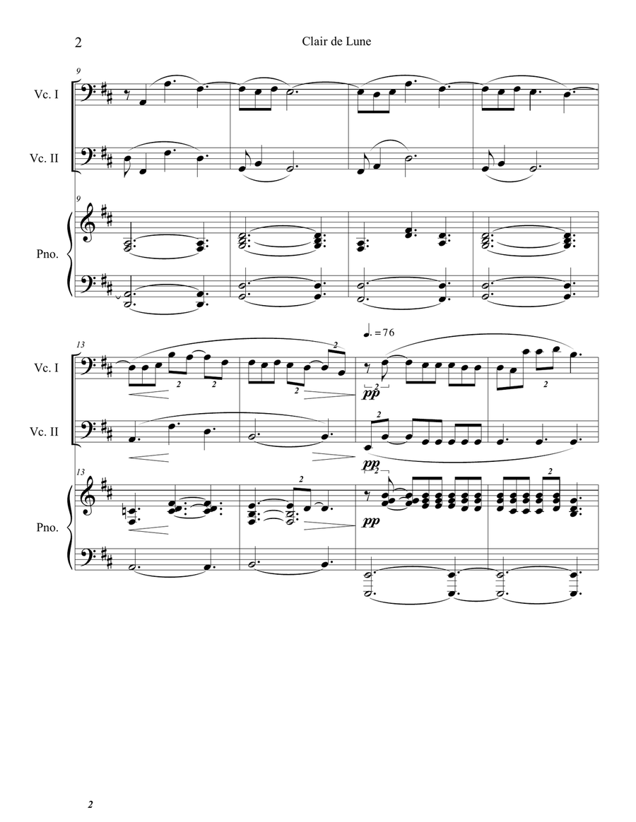 Clair de Lune (Cello Duet) with piano accompaniment String Duet scores gallery preview page 2