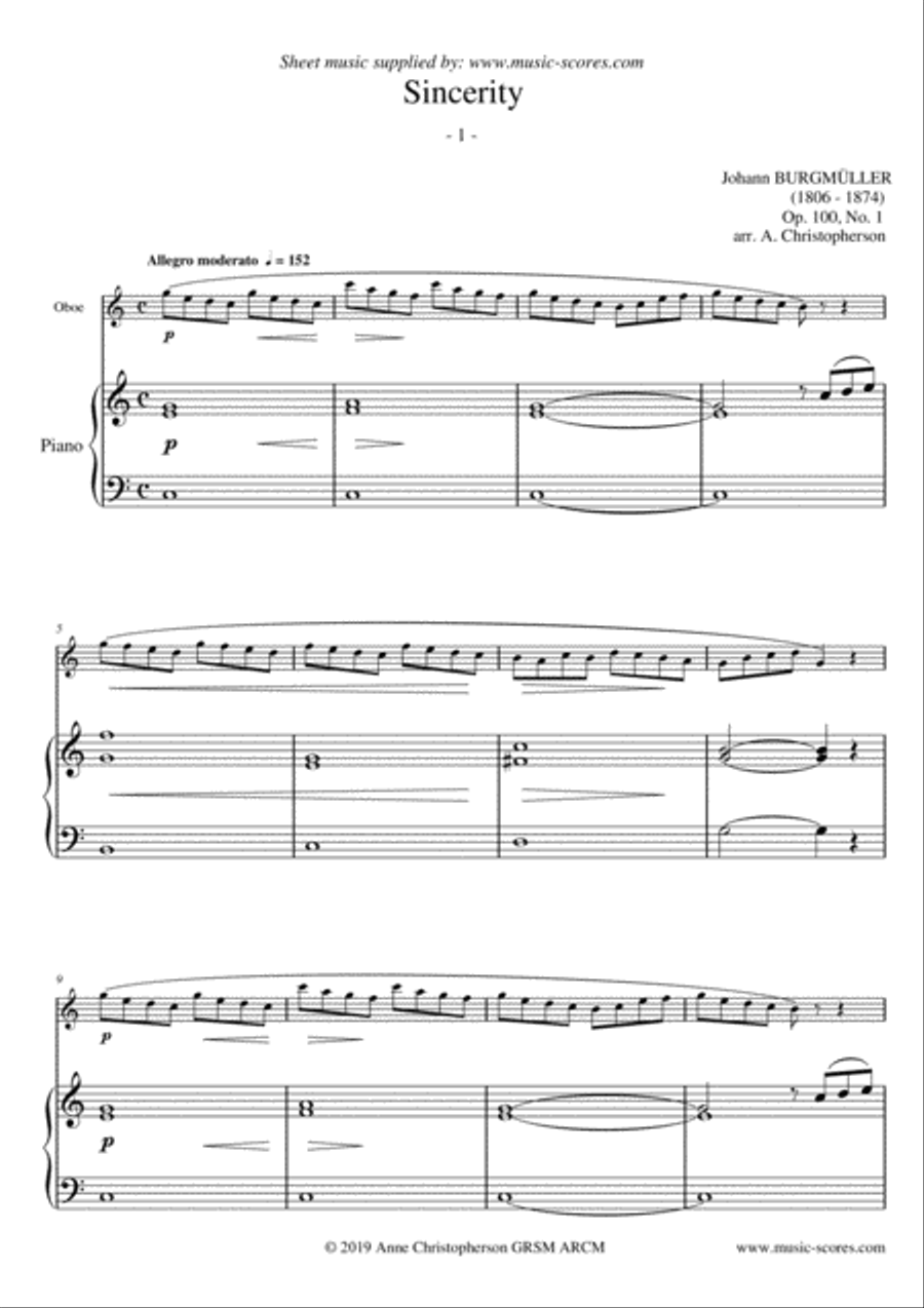 Sincerity - Burgmuller Op.100, No.1 - Oboe and Piano Piano scores gallery preview page 1