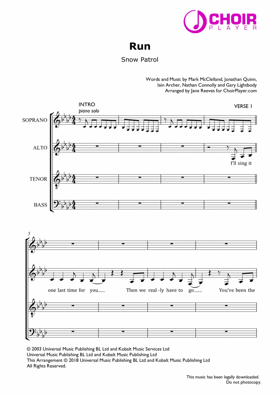 Run by Snow Patrol 4-Part - Digital Sheet Music