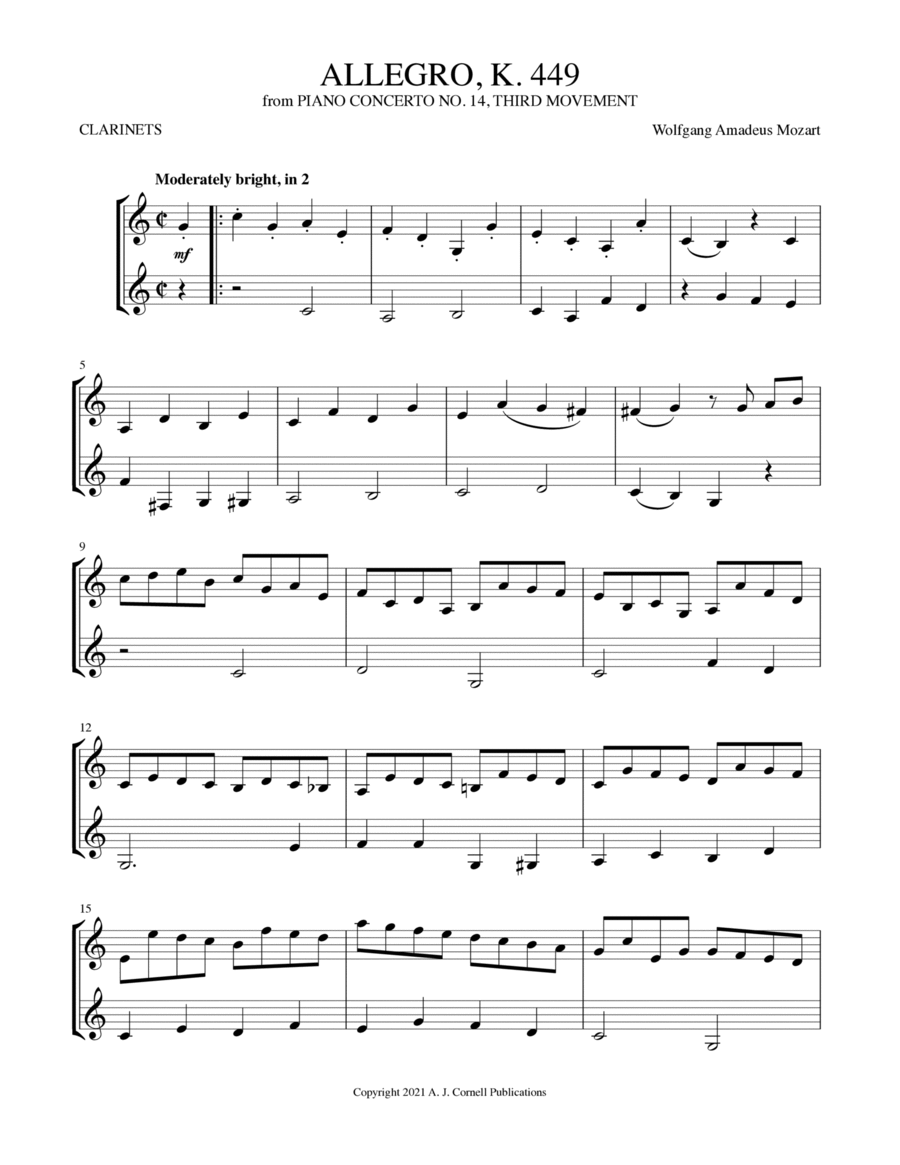 Allegro ma non troppo (from Piano Concerto No. 14, K. 449) Clarinet Duet scores gallery preview page 1